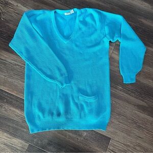Liz Claiborne womens S vintage cable knit SWEATER turquoise long v-neck pocket